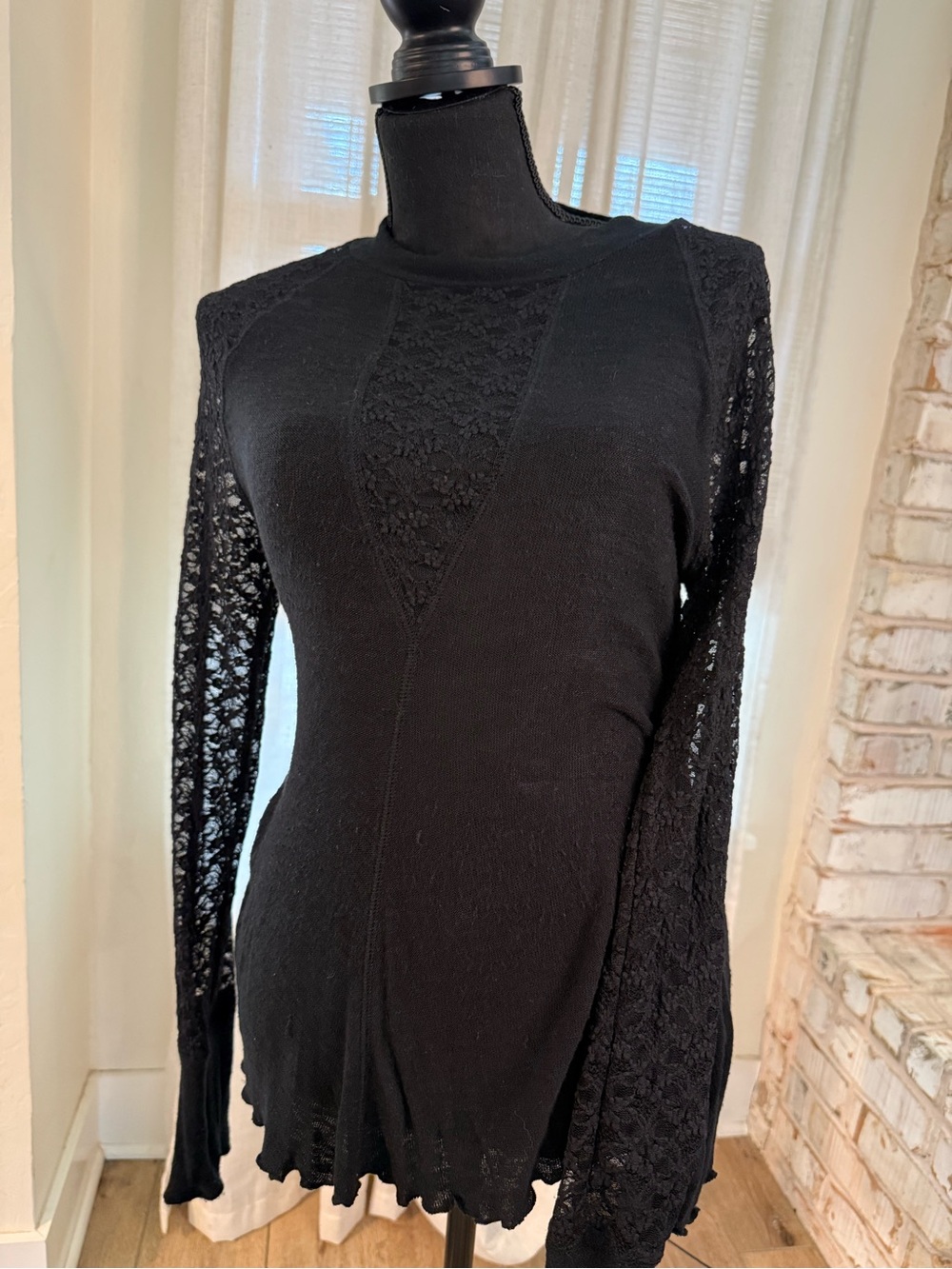 Free People Black Knit Top with Lace Trim